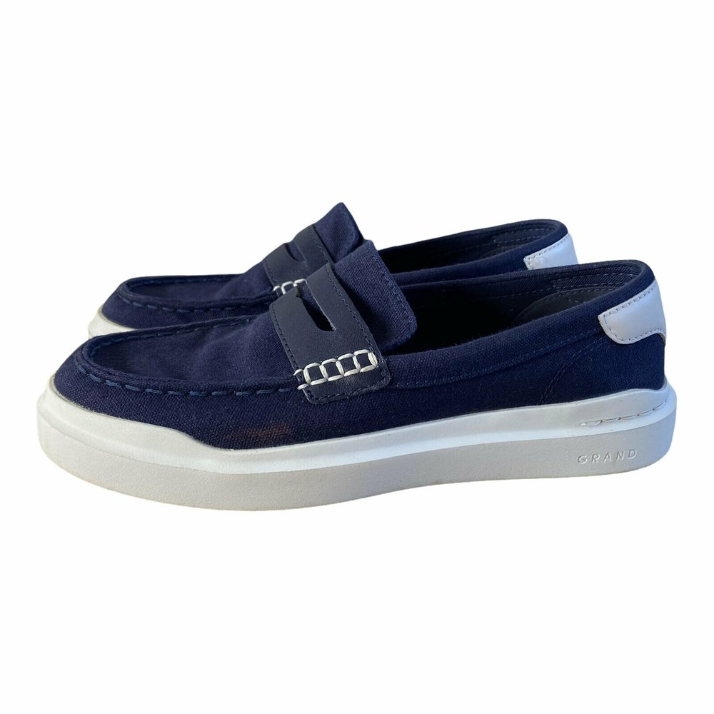 Cole Haan Womens 6.5 B Canvas Penny Loafer Boat Shoe Navy Blue White Grand 360